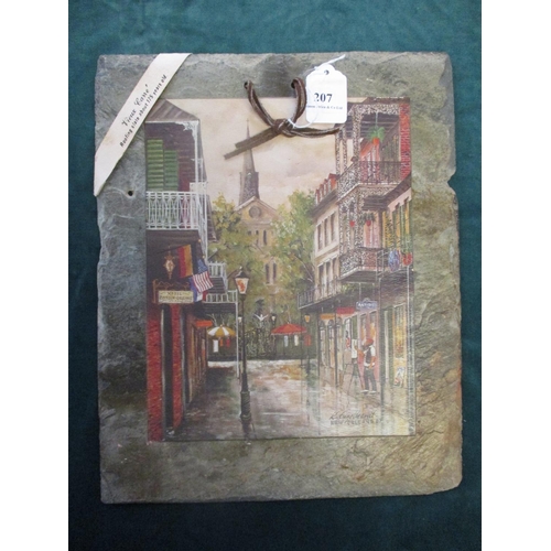 207 - A New Orleans street scene picture mounted upon a vintage roofing slate