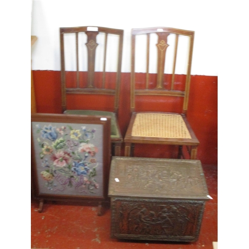 214 - Two Edwardian inlaid side chairs together with a tapestry fire screen and a brass log box