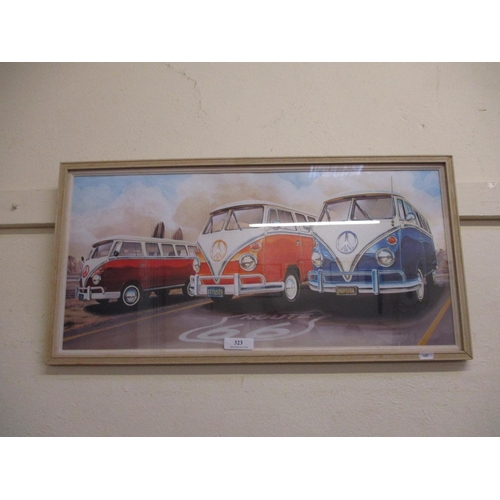 323 - A framed picture of three VW camper vans on Route 66