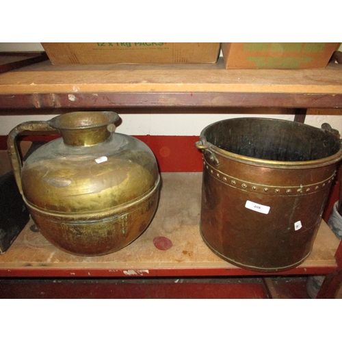 408 - A traditional Victorian brass Jersey milk can together with a copper coal bucket with studded decora... 