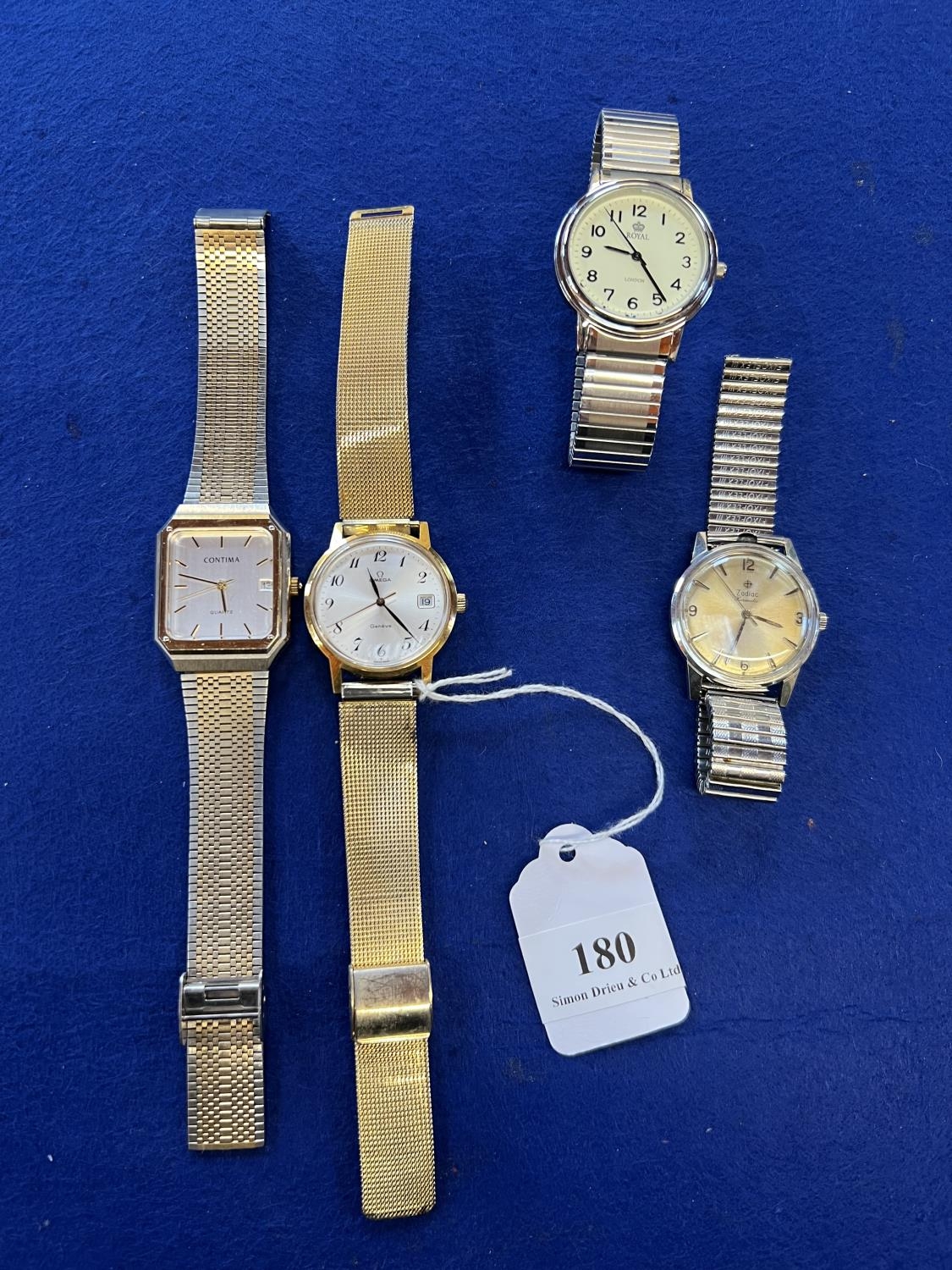 Four gentleman's bracelet wrist watches by Zodiac, Omega, Royal and Contima