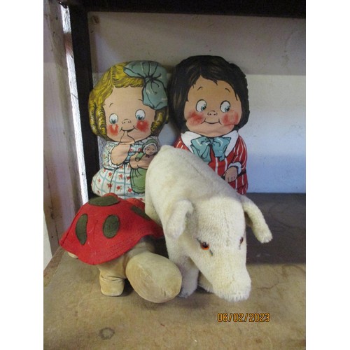 343 - Two Deans rag book dolls together with a vintage Merrythought pig and tortoise