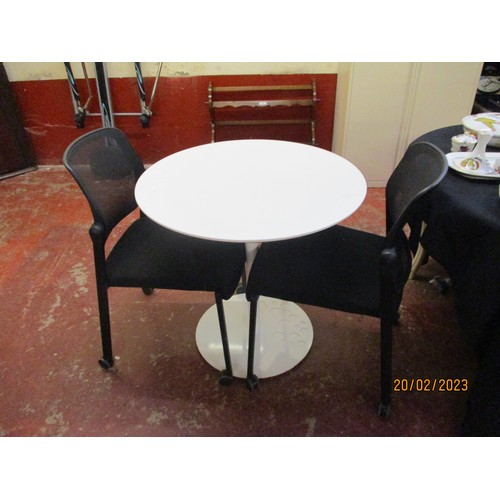 347 - A circular single pedestal bistro table with two chairs