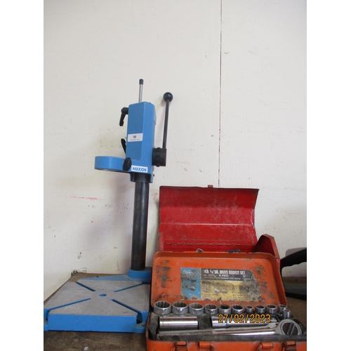 88 - A Maxion drill stand, a socket set, a tool box and tools