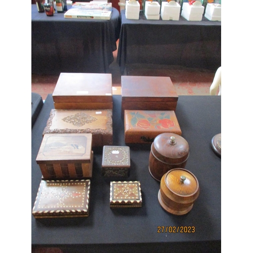 264 - A collection of vintage wooden boxes together with two tobacco pots