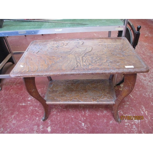 279 - A vintage oriental rectangular table fitted an under tier with peafowl and floral decoration