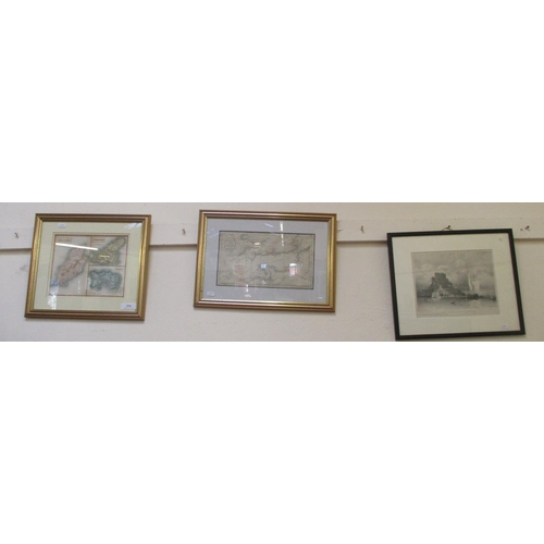 334 - Two framed maps together with a framed engraving of Mont Orgeuil Castle