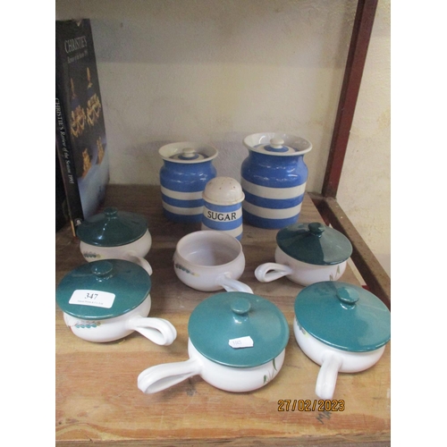 347 - A range of Denby soup bowls together with three pieces of T.G. Green Cornish kitchen ware