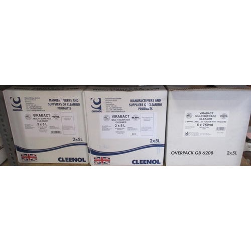 141 - Forty litres of Cleenol Virabat multi surface cleaner together with a quantity of empty labelled fla... 