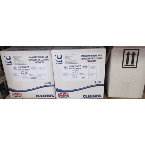 142 - Forty litres of Cleenol Virabat multi surface cleaner together with a quantity of empty labelled fla... 