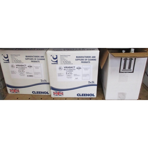 143 - Forty litres of Cleenol Virabat multi surface cleaner together with a quantity of empty labelled fla... 