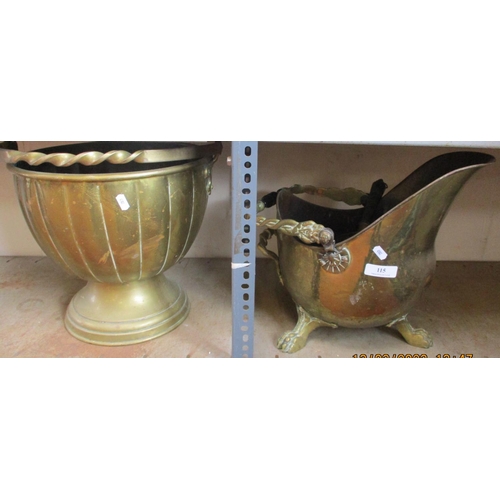 115 - A brass coal scuttle and shovel together with a brass stemmed pail