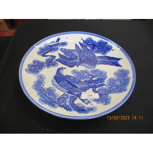 215 - A large blue and white charger with raptor decoration