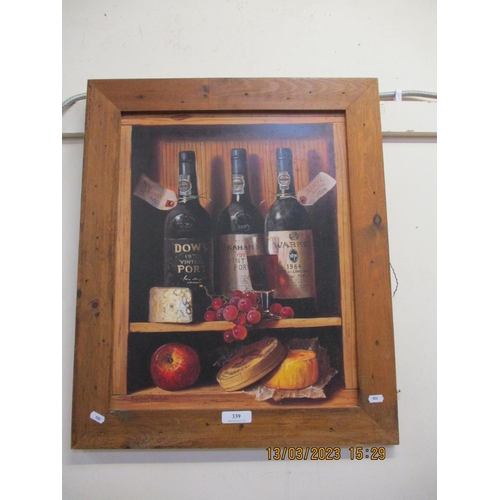 339 - A framed picture depicting Ports, Cheeses and Fruit