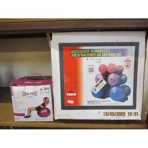 352 - A set of York fitness designer dumb bells together with a USA Pro exercise ball