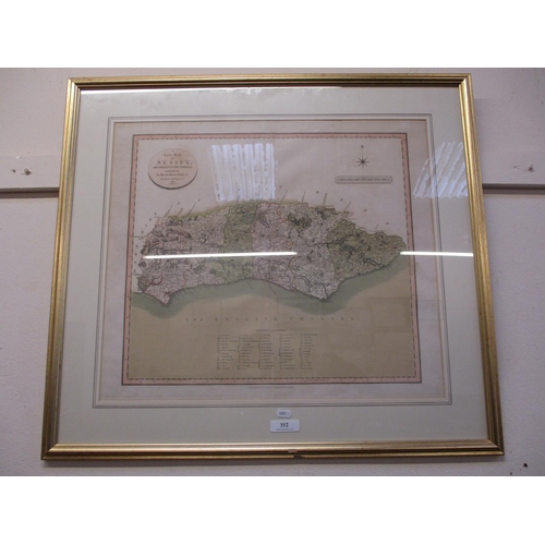 352 - A framed new map of Sussex divided into 100s published by J. Cary engraver and map seller
