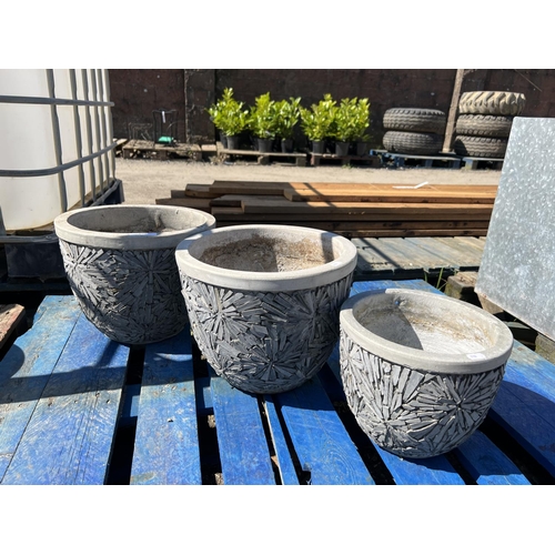 100 - A graduated set of three reconstituted stone planters with mosaic decoration