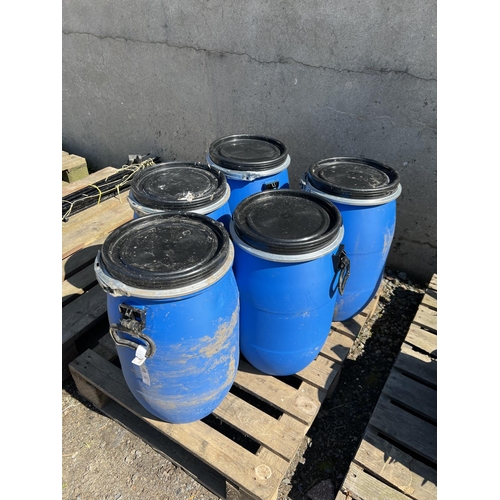 82 - Five small blue PVC lidded barrels