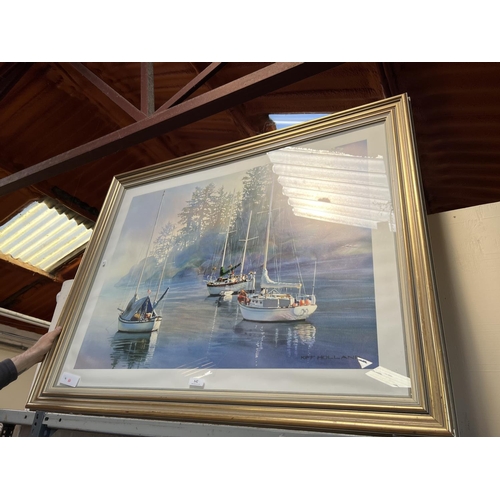 142 - A large framed print depicting three moored yachts by Kiff Holland
