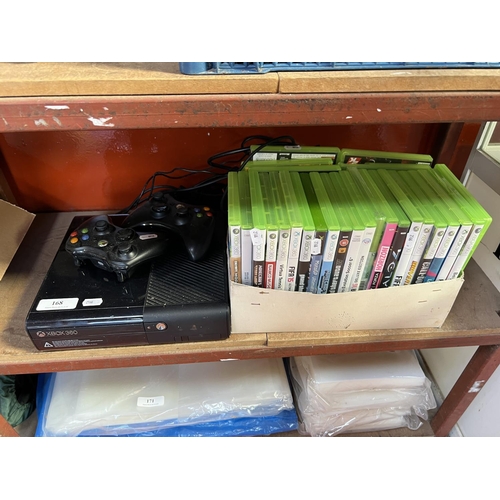 168 - An Xbox 360 games console, controllers and a large assortment of games