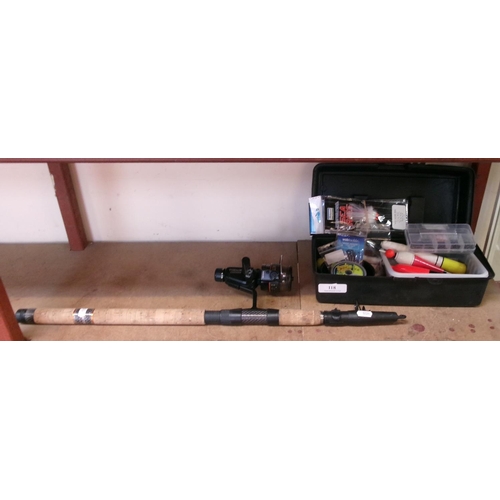 118 - A telescopic fishing rod and fixed spool reel together with a tackle box containing an assortment of... 