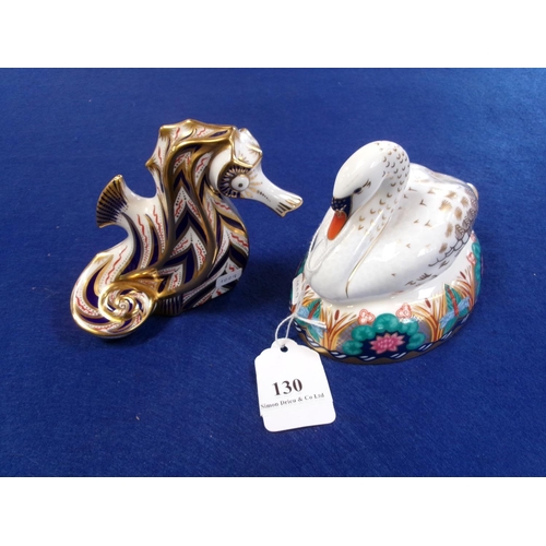 130 - Two Royal Crown Derby paperweights modelled as a sea horse and a swan