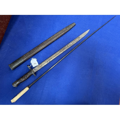 201 - A vintage bayonet and scabbard together with a vintage sword stick with bone handle