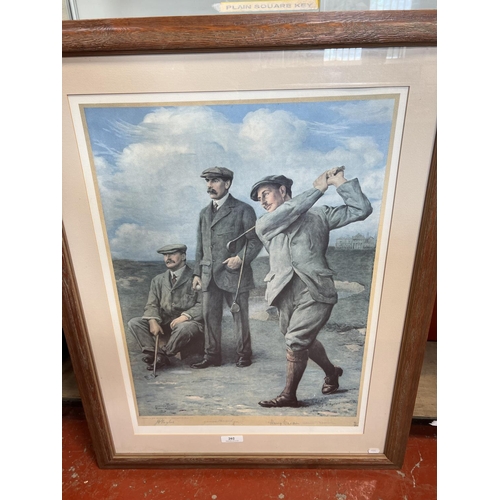 202 - A limited edition print of famous golfers - Harry Vardon, Taylor & Braid by Clement Fowler signed in... 