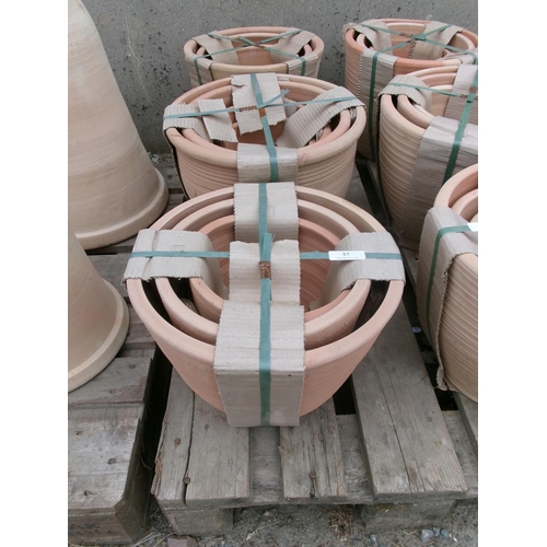 57 - Three graduated sets of three terracotta planters - new