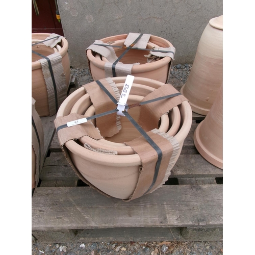 62 - Two graduated sets of three terracotta planters - new