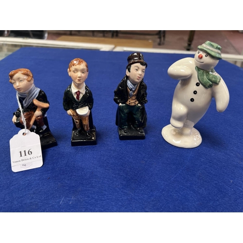 116 - Three Royal Doulton Charles Dickens figures together with a Royal Doulton Snowman figure