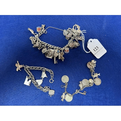 123 - A silver charm bracelet adorned with a large assortment of charms together with two others