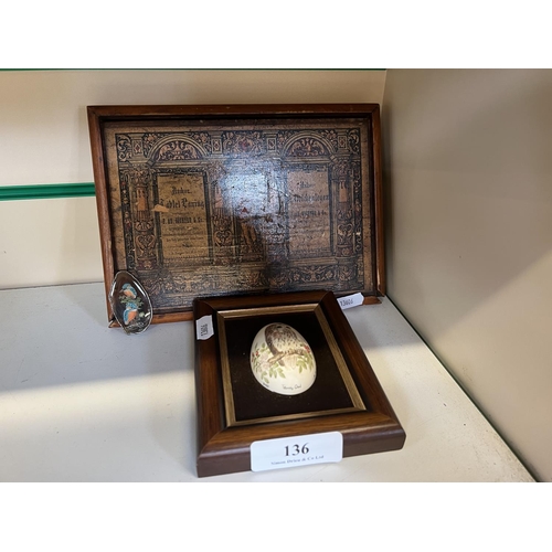 136 - A hand painted framed egg together with a plaque and a brooch