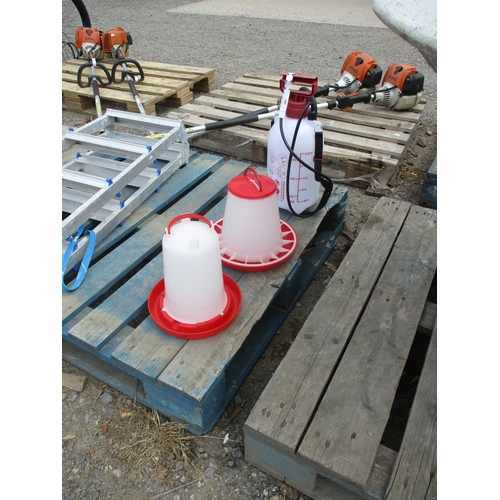 105 - A poultry feeder and waterer together with a pressure sprayer