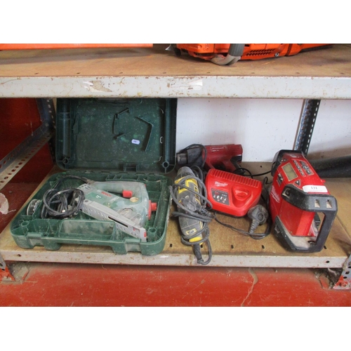 131 - A Bosch multi saw, a Stanley fenn saw, a Milwaukee heat gun and site radio and charger