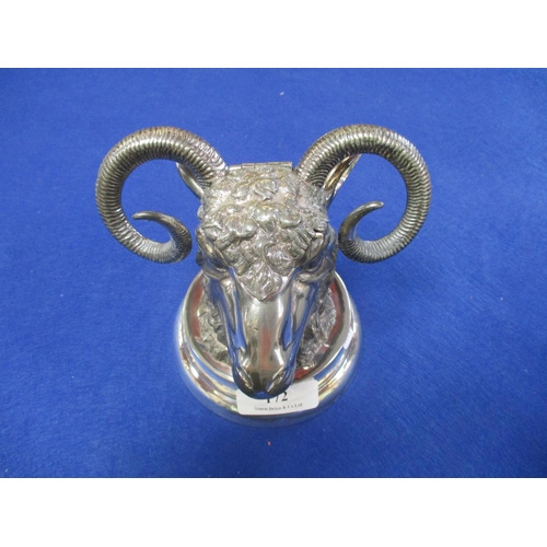 172 - A substantial silver plated inkwell modelled in the form of a ram's head