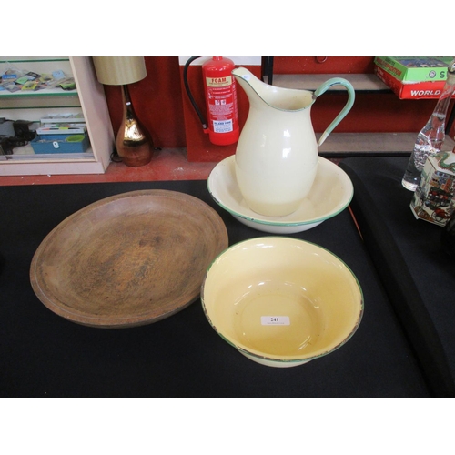 241 - A vintage enamel chamber jug and bowl together with a similar bowl and a hand turned wooden bowl