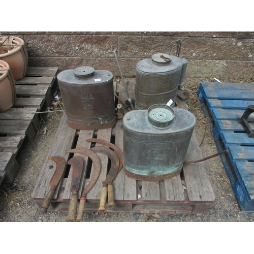 42 - Three vintage knapsack sprayers by Vermorel and Saval together with various sickles and bill hooks