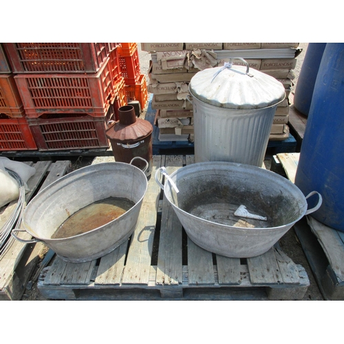 90 - Two vintage galvanised wash tins, a galvanised garden incinerator and a galvanised dustbin