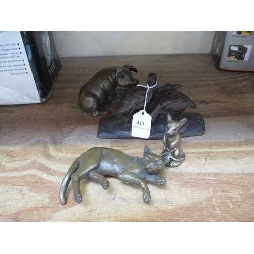 411 - A bronze model of Quail together with other bronzed animal models