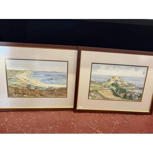 231 - A pair of water colours depicting St. Ouen's Bay and Mont Orgeuil Castle together with a limited edi... 