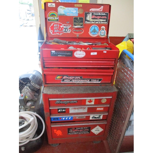 102 - A Snap-On roll cab and top box containing an assortment of engineering tools and accessories