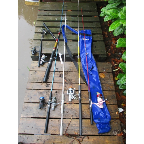 65 - Seven fishing rods each fitted a fixed spool reel together with a rod quiver