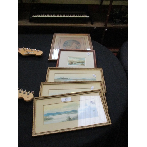 338 - A set of three framed water colours together with two others