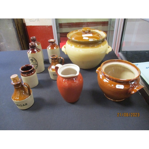 297 - Two salt glazed stone ware bean crocks together with various salt glazed stone ware jugs, jars and b... 