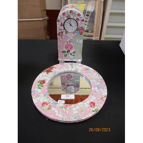 293 - A ceramic mosaic table clock and matching circular wall mirror