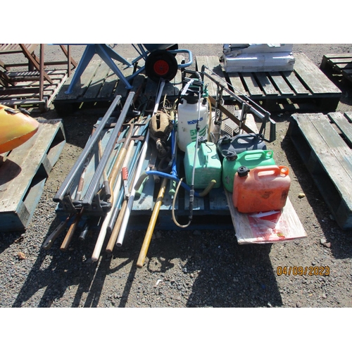 72 - An accumulation of garden hand tools, roof bars, petrol cans, pressure sprayers etc