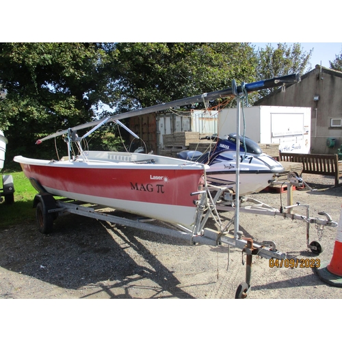 15 - A Laser Stratos 5 metre sailing dinghy  'Mag Pi' complete with sails, road and launching trailers