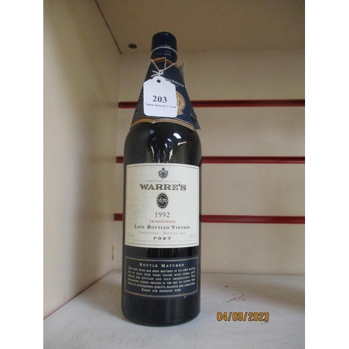 203 - A bottle of Warre's traditional late bottled 1992 vintage port