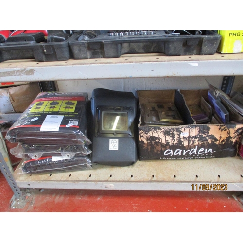 108 - Assorted electrical and plumbing accessories (new), Jubilee clips, barbeque covers (new), a welder's... 